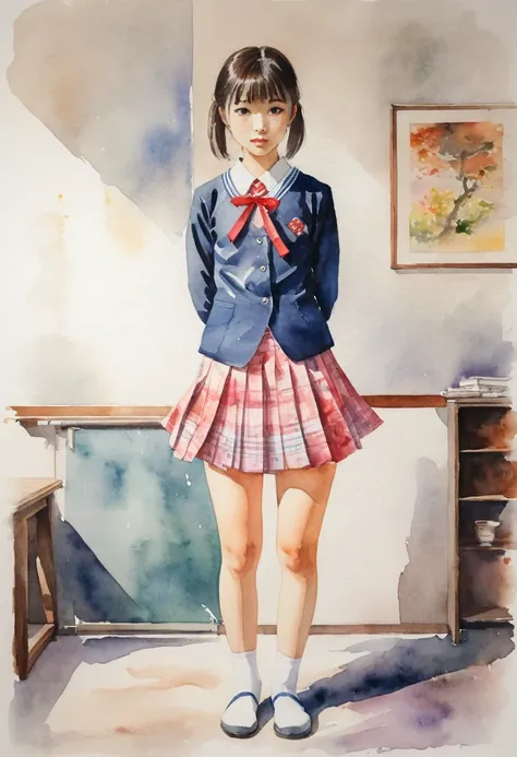 Watercolor painting, a Japanese school girl, standing split, showing panties, panties in skirt, look at viewer