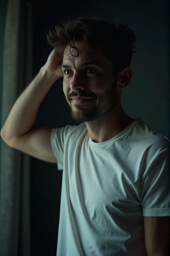 ((best quality)), ((masterpiece)), (detailed), A man in a white t-shirt, with a faint smile while scratching his head. looking at the situation outside the room which is very dark and scary.