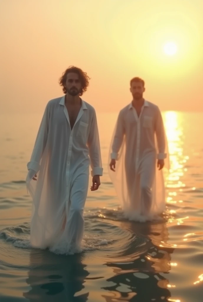 Two out-of-focus men in the distance walking ON water in the ocean at sunset, The man must have a white nightgown and slightly longer hair.

