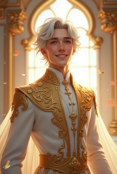 "Create a boy with white hair, eighteen years old, jovial, dressed as a prince, his clothes are white and gold."