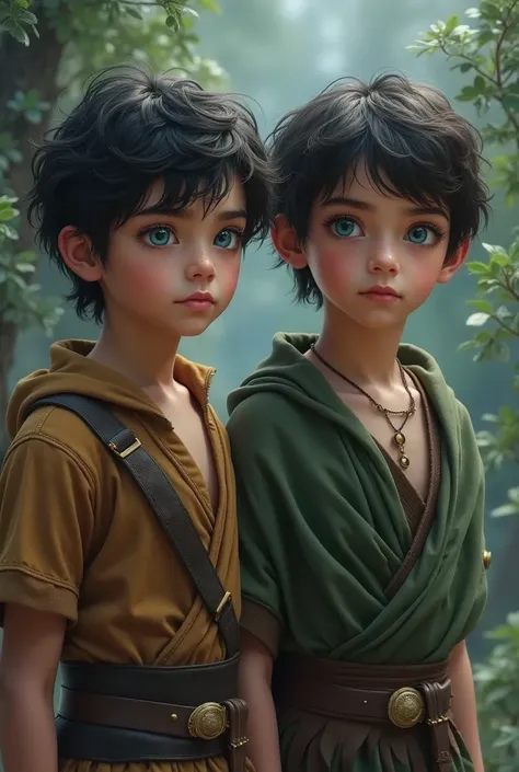 2 Slave boys 16, short,, ( Brown or green outfit) korien slave outfit,one middle black hair oder short brown, detailed face, detailed blue/ brown beautiful eyes, full body photo, (intricate:1.3), (arcane aura:1.2), (dreamlike:1.3), (subtle mist:1.1),(vibra...