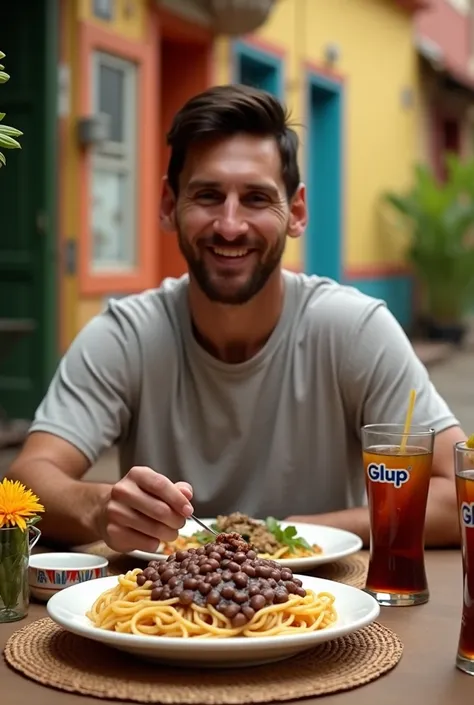 Make Messi eat caraota with spaghetti and drink a glup cola in Venezuela