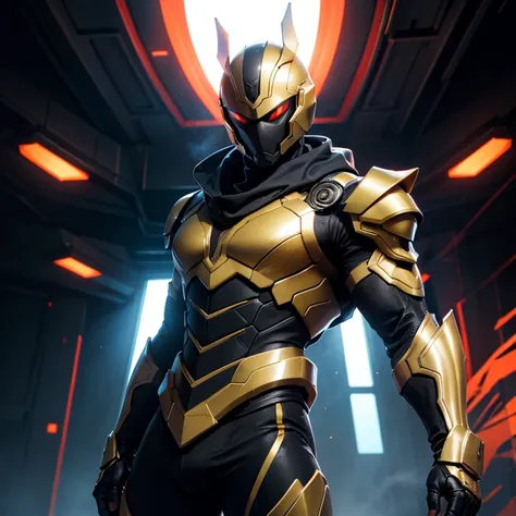 Dynamic pose, Futuristic costume, He has an orange scarf around his neck、Muscular black armor with gold accents, Insect-like helmet with red eyes, Muscular, Heroic Posture, Put your left hand forward, Concentration, Indoor studio background with gradient e...