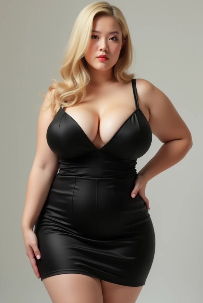 draw a pale skinned blonde asian woman, with big breasts and hips wearing a very sexy and small black dress