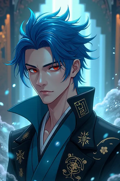 Blue hair, red eyes, cool Japanese-style handsome man, fantasy