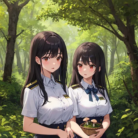 ((masterpiece, best quality, extremely detailed, absurdres)),Three high school girls　face, upper body in uniform, mushrooms in a basket in the forest,