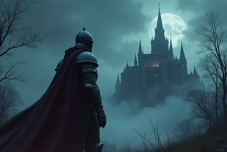 (haunted castle) with a dark knight in front of it, 1970s dark fantasy book cover art, more detail, masterpiece in 8k resolution.