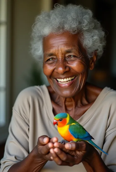 a 90-year-old woman, black, smiling, taking care of a parakeet