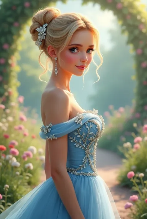 Elegant and beautiful blonde woman in a soft blue, off-shoulder dress with delicate floral embellishments, She stands gracefully in a romantic setting, Garden themed with soft, muted colors, natural lighting from the left, creating a serene and charming at...