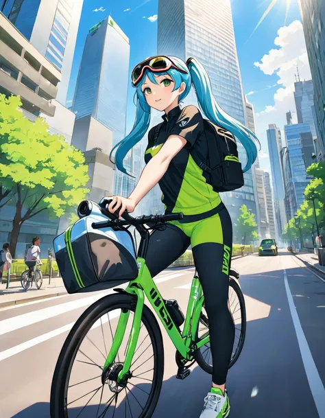 Light blue long hair、A beautiful twin-tailed Uber Eats delivery girl、Uber Eats delivery backpack on his back、Focusing on delivery. Wearing sporty green and black cycling clothing with goggles, Holding an action camera while riding a green delivery bike. Ur...