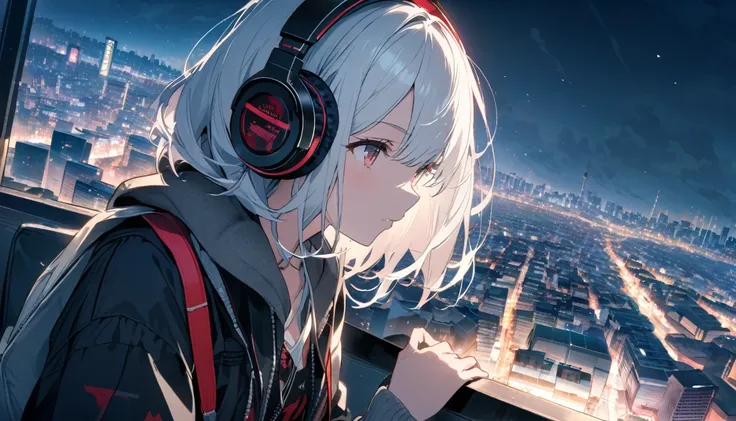 White-haired woman with headphones looking at the city of Tokyo,Streetscape、listen to music、Japanese