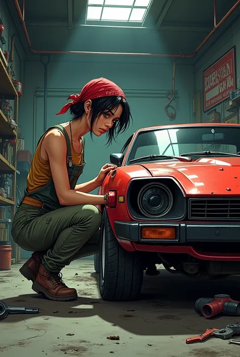 A girl with dirty clothing,repair a toyota supra mk2,bandana on head,angarage detailing text in background,garage,manga