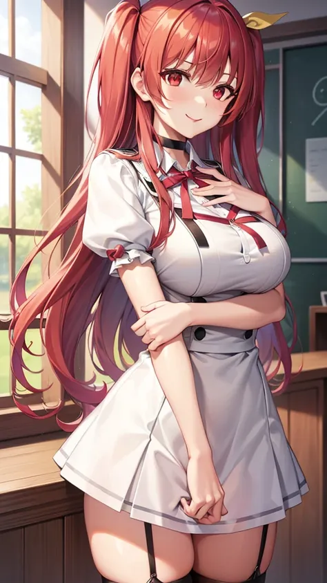 stella vermillion, stella vermillion, hair between eye, hair intake, hair ribbon, long hair, (red eyes:1.5), red hair, two side ...