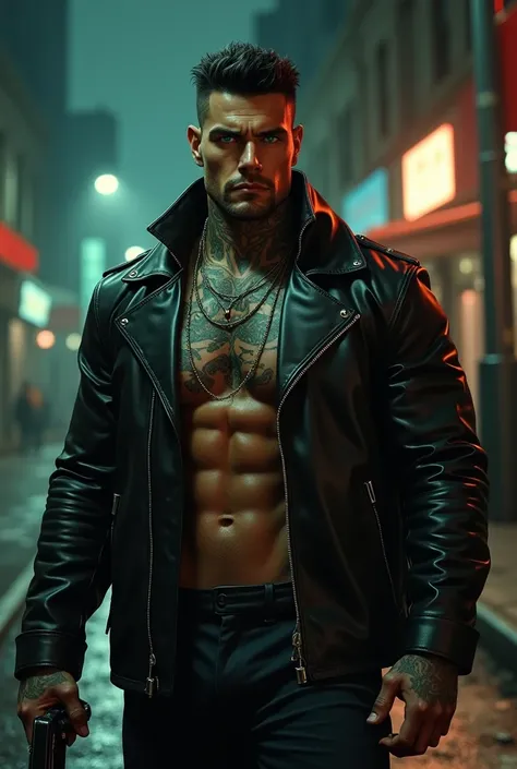 30 year old muscular man with black hair, green eyes and tattooed, manipulator, shirtless wearing leather jacket, in the background a street at night