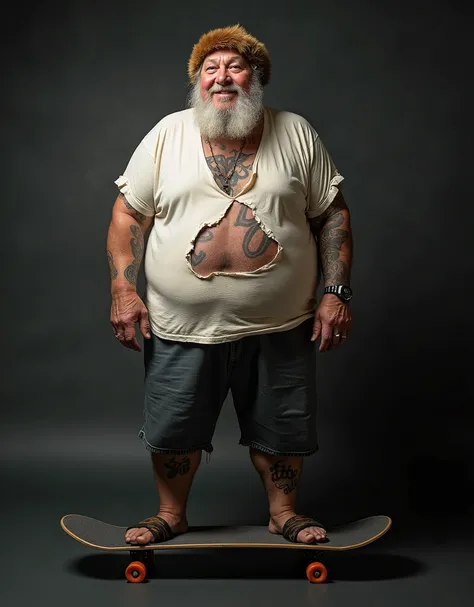 Very Fat Adult Full Grandfather 80 Years Old With Tattoos, in a stretched out T-shirt with holes, A buff brown bear wearing a Ushanka hat, in tights with knees stretched out, stands on a skateboard, cigarette in smoked teeth, fashion photography, Studio Ph...