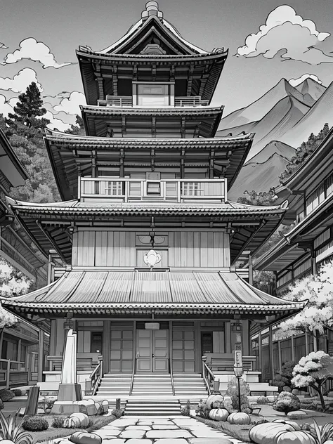 clean line art, no color, only line art, line art, black and white, coloring book page, Japanese temple in center, stone stairs leading to moutain path, mountain in the background, shrine, autumn leaves, pumpkins, holloween vibes