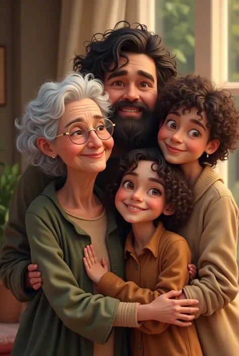 a 90-year-old woman, white with brown hair,  next to a 40-year-old bearded man, a 30-year-old man with long hair and a 20-year-old brunette girl with curly hair, both are smiling and hugging