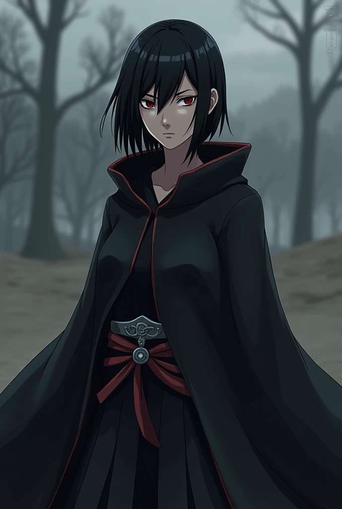 Saori Uchiha has medium length straight black hair.. black eyes. Wears black robes and the Akatsuki cloak. The Konoha bandana striped around the neck