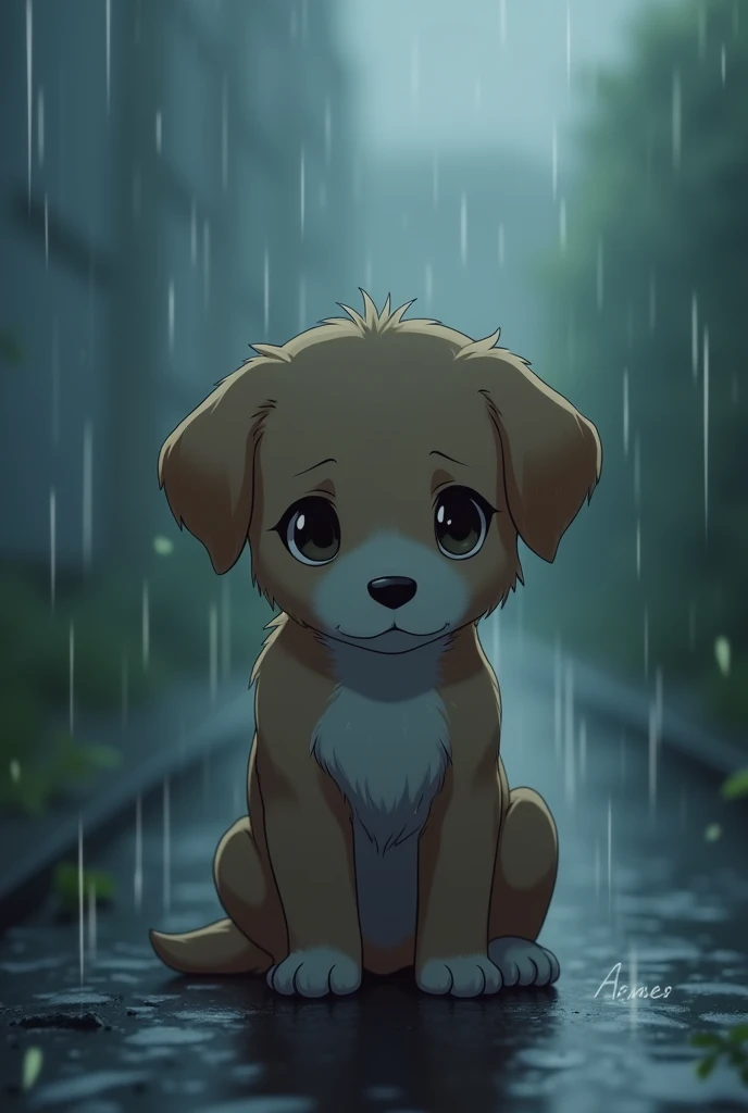 art：cc-anime,photograph, Puppy sitting in the rain, sad, , Dull colors, Monotony, Natural light, 8k, born, masterpiece, Great quality, Intricate details