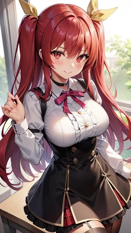 stella vermillion, stella vermillion, hair between eye, hair intake, hair ribbon, long hair, (red eyes:1.5), red hair, two side ...