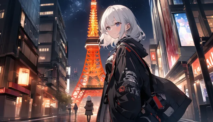 A white-haired woman looking at Tokyo Tower,Night starry sky,Streetscape、listen to music、Japanese