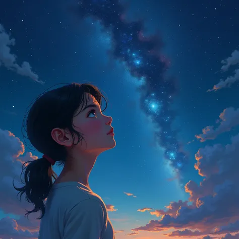 girl look at night sky of stars, dreaming vibes, full of colors