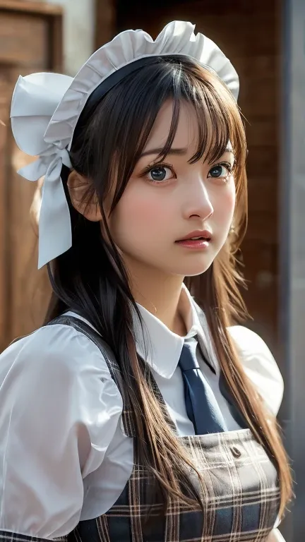 8k, Highest quality, Tabletop:1.2), (Realistic, Photorealistic:1.37), Highest quality, Tabletop, Beautiful young woman, Pensive expression,、attractive、そしてattractive表情, Cute maid outfit, Tie your hair back, Movie Background, Light skin tone、Headdress、Plaid