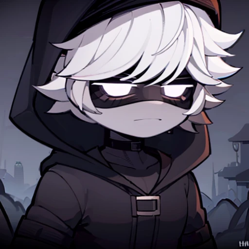 (1boy:1.3) black hunter outfit with hood, (short white hair:1.2), ultra detailed, extremely tired character, (face focus), detai...