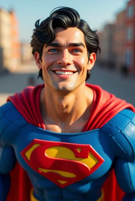 
"A medium close-up of a joyful superhero resembling Superman. He has a strong jawline, bright blue eyes, and wavy dark hair. Hes wearing a vibrant blue suit with a red cape, and his chest emblem is clearly visible in the frame. The heros face expresses ha...