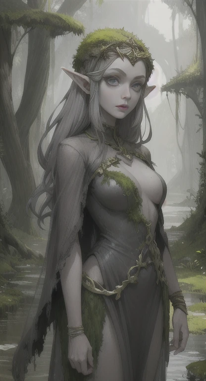 Overgrown swamp life, swamp, petrified princess Zelda, stone statue, cracked skin, grey skin, grey hair, grey eyes, grey clothes, covered in moss,