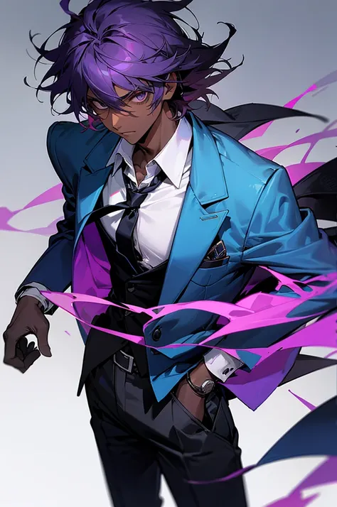 male, modern clothing, collar shirt, blue jacket, blazer jacket, open jacket, slack pants, black pants, necktie, black tie, school background, Messy hair, black skin color, Headphones, Purple Hair, Afraid face, Gun