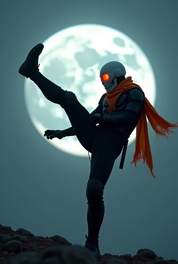 One third of the screen faces the full moon　Wearing an orange scarf、Wearing modern black full body armor over a black bodysuit　Equipped with a white skeleton-like helmet with no lower jaw, Wearing glowing red goggles　Launches a single-leg kick from the sky...