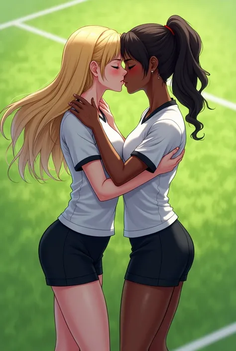 Two soccer players from the same team, a white girl with blonde hair and a black girl with curly hair, dressed in black shorts and a white blouse, they kiss on the mouth on the field