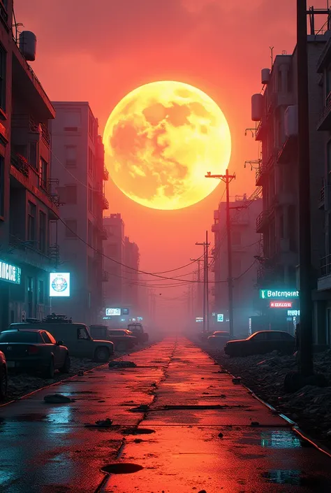 A view of a street on a post-apocalyptic cyberpunk planet and in the background the event horizon with warm colors and highly realistic with high definition 