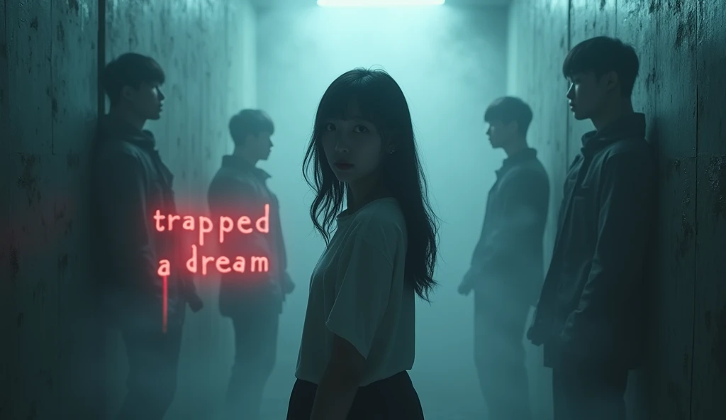 A dark, surreal 16:9 thumbnail depicting a japanese woman standing in the center of an eerie dreamscape. The surroundings are distorted and hazy, as if reality is bending. Shadows of multiple male figures loom in the background, slightly blurred and indist...