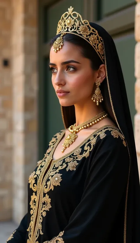 The image shows a young woman dressed in a traditional Algerian outfit. She is wearing a black dress with gold embroidery, a gold crown, gold earrings, and a gold necklace. The woman is looking to the side with a thoughtful expression on her face. The imag...