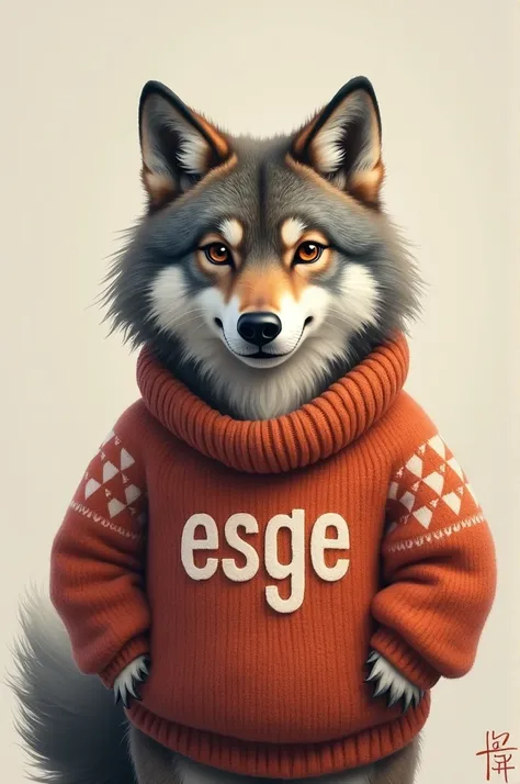 A picture with a wolf wearing a sweater that says esge 
