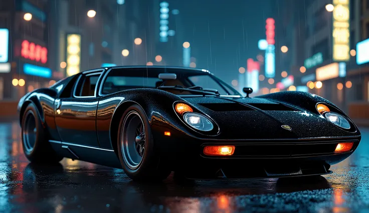 A sleek black 1970 Lamborghini Miura sports car gleams on a rain-soaked road, its headlights casting a vibrant glow against the dark sky. To the right, a row of buildings stands tall, adorned with Chinese characters that shine like beacons under a canopy o...