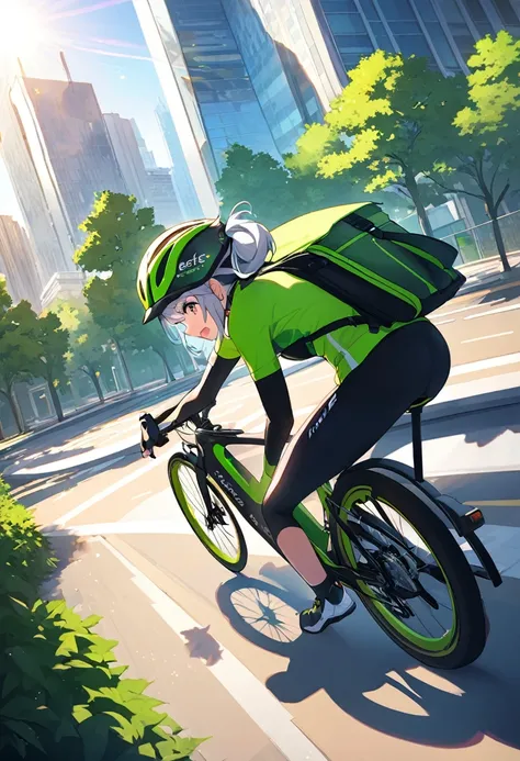 Light blue long hair、A beautiful twin-tailed Uber Eats delivery girl、Uber Eats delivery backpack on his back、Focusing on delivery. Wearing sporty green and black cycling clothing with goggles, Holding an action camera while riding a green delivery bike. Ur...