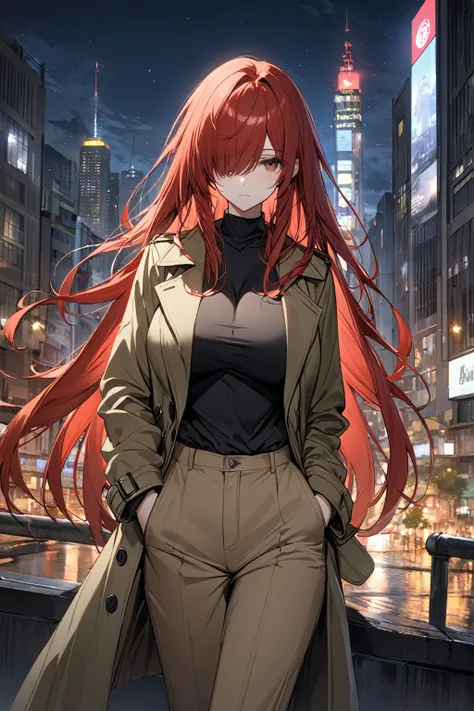 1girl, solo, red hair, long hair, hair over eyes, khaki coat, khaki pants,looking at you, night, city,expressionless, big breasts,