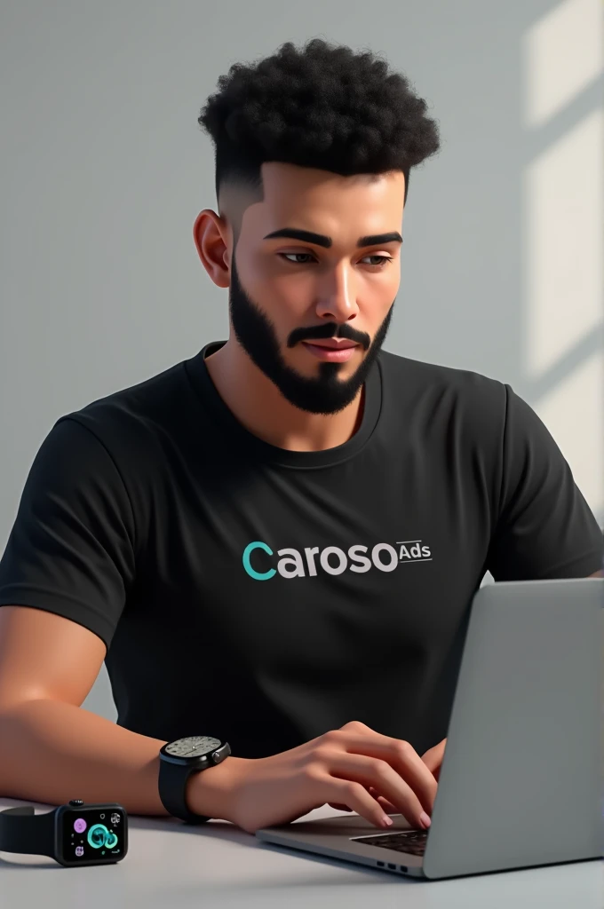 Create an avatar with curly hair with a short fade, with beard black t-shirt written Cardoso Ads working on apple whatch macbook