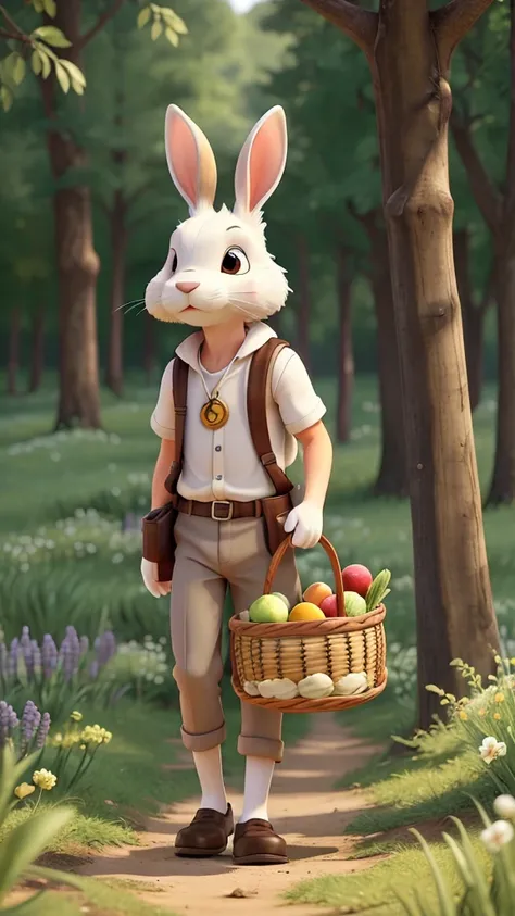   imageio: The Rabbit Walking Quietly**  
Description for the generator:  
"A white rabbit, calm and humble, walks serenely through the forest. He carries a basket with fresh fruits and vegetables. The surrounding environment is tranquil, with wildflowers ...