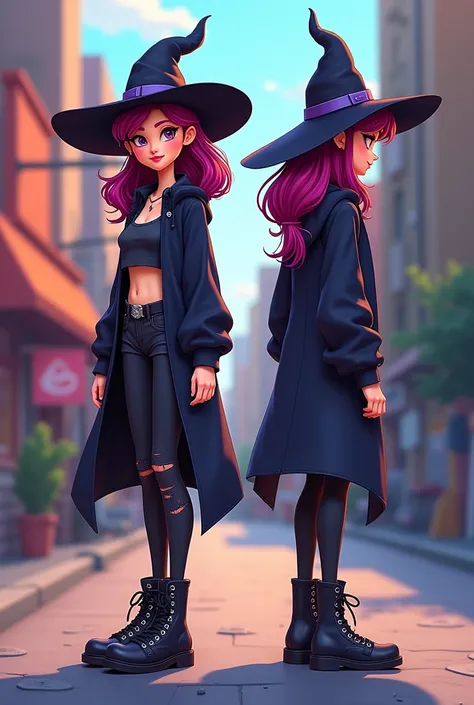 Female Witch Character. Cartoon character for animated series . Full body front and profile. Teenage Witch, Clothing with a modern and urban style combined with the typical clothing of a classic witch