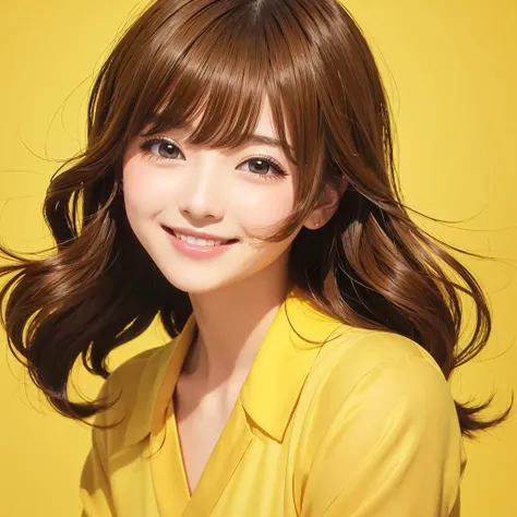 Late 20s female、Bob Hair、cute、kind、Healing、smile、Solo Illustration、Light yellow background、Japanese anime style illustration
