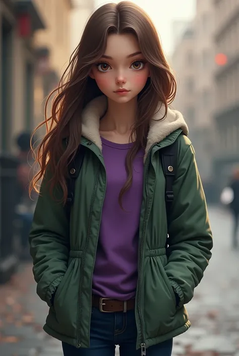 A girl with brown hair and brown eyes wearing a purple shirt and green jacket and dark blue jeans and black boots