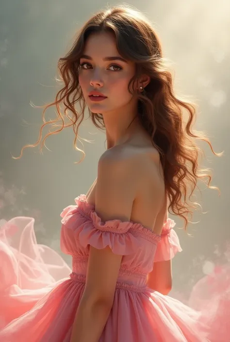 (beautiful woman with wavy brown hair, eyes browns, using a.romantic pink dress, similar to the actress Camila Queiroz, without oriental features)