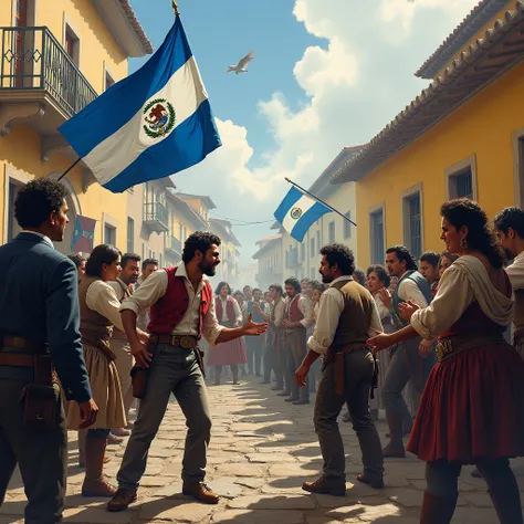 A lively and tense scene in the streets of San Salvador in 1814, during the Second Cry of Independence WITH FLAGS WITH TWO BLUE STRIPES IN THE HORIZONTAL AND WHITE IN THE CENTER. The image shows a group of Salvadoran citizens of the time, dressed in 19th c...