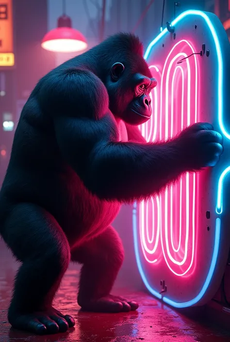 I want a picture of an epic gorilla making a neon sign