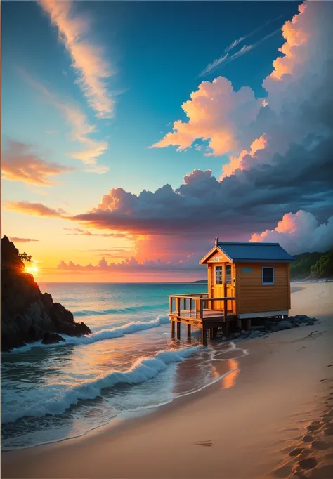 anime style, painting of a small lifeguard hut on the beach, sunset, full clouds in the sky,