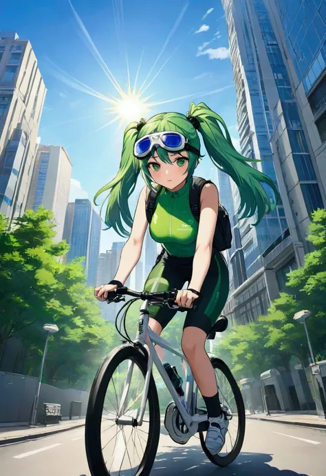 Light blue long hair、A beautiful twin-tailed Uber Eats delivery girl、Uber Eats delivery backpack on his back、Facing forward and focusing on delivery. Wearing sporty green and black cycling clothing with goggles, Holding an action camera while riding a gree...